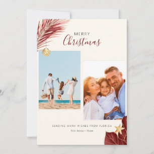 Tarjeta Festiva Navidades tropicales de Borgoña y Oro de 2 fotogra