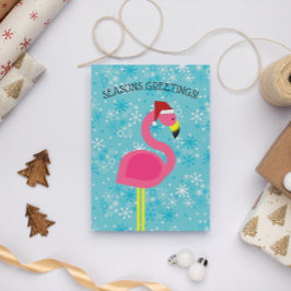 Tarjeta Festiva Navidades tropicales de Flamingo Santa Retro