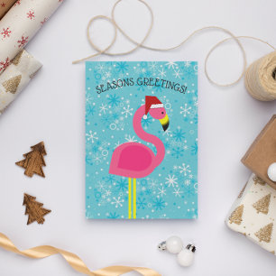 Tarjeta Festiva Navidades tropicales de Flamingo Santa Retro
