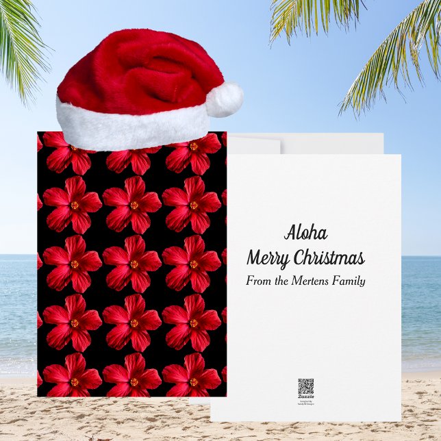 Tarjeta Festiva Navidades tropicales del patrón de flor rojo hibis (Red Hibiscus Flower Pattern Tropical Christmas Holiday Card)