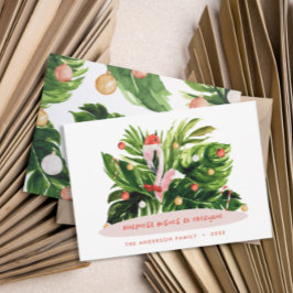 Tarjeta Festiva Navidades tropicales Flamingo botánico de palma mo