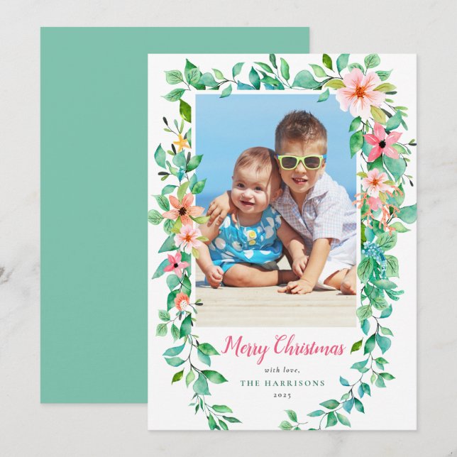 Tarjeta Festiva Navidades tropicales florales Foto de vacaciones (Anverso / Reverso)