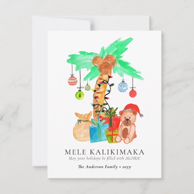 Tarjeta Festiva Navidades tropicales hawaianos cute Mele Kalikimak (Anverso)