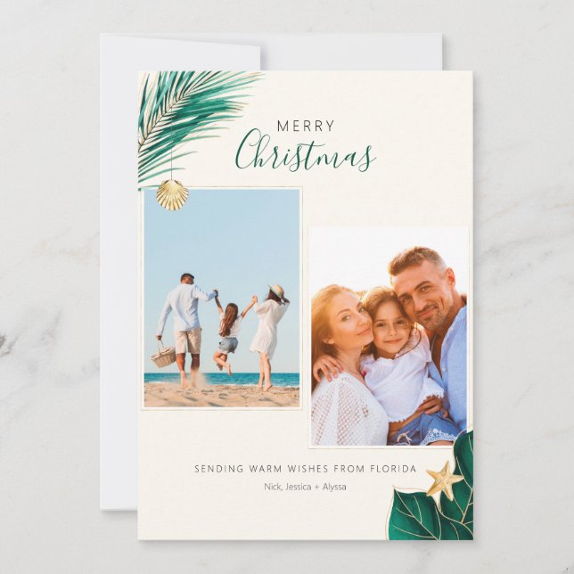 Tarjeta Festiva Navidades Tropicales Verdes y Oro de 2 Fotografías (Anverso)
