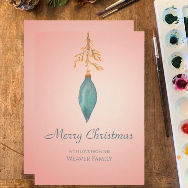 Tarjeta Festiva Navidades turquesa con acuarela simple pintada a m (Hand painted watercolor Christmas ornament, teal and gold, elegant modern blush pink greeting card)