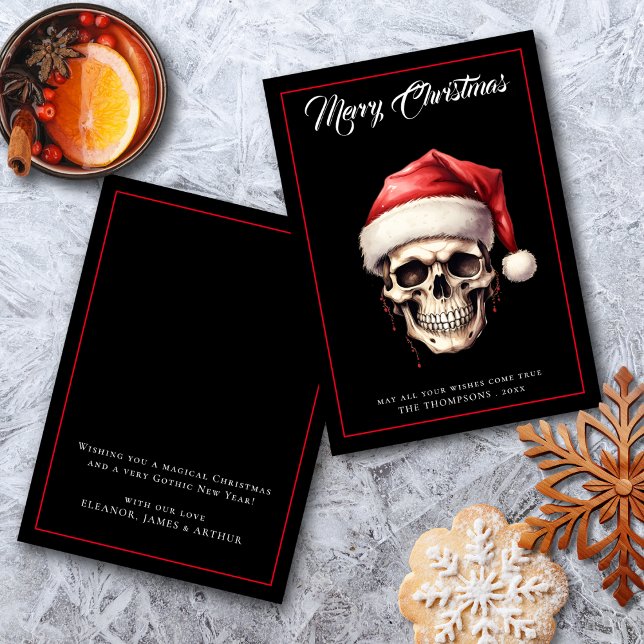 Tarjeta Festiva Navidades únicos de cráneo gótico (Front and Back Views)
