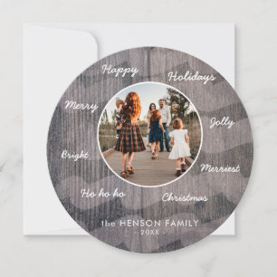Tarjeta Festiva Navidades únicos de madera rústica desean foto fam
