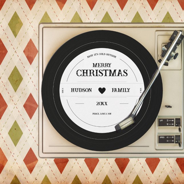 Tarjeta Festiva Navidades únicos de registro de vinilo retro (Unique Vinyl Record Retro Christmas Card - no photo, simple black & white, funny, whimsical)