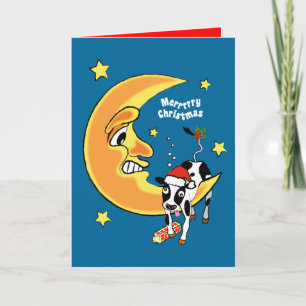 Tarjeta Festiva Navidades vacas cayeron sobre la luna