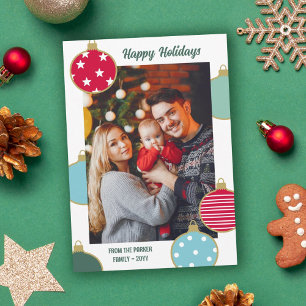 Tarjeta Festiva Navidades Verde azulados azules rojos baubles vaca