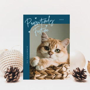 Tarjeta Festiva Navidades Verde azulados de fotografía de gato pat