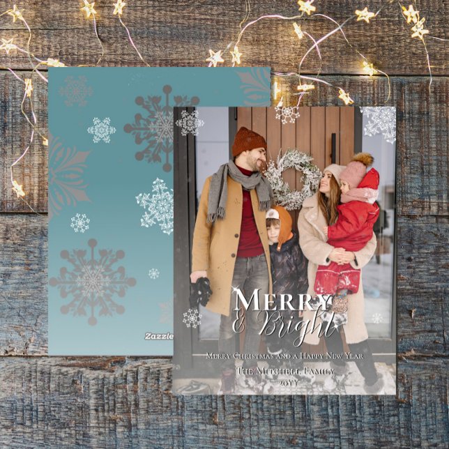 Tarjeta Festiva Navidades verde azulados de las copas de nieve y f (Teal Merry and Bright Snowflakes Christmas Photo Holiday Card)