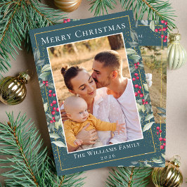 Tarjeta Festiva Navidades verde azulados del Oro Verde Holly Berri
