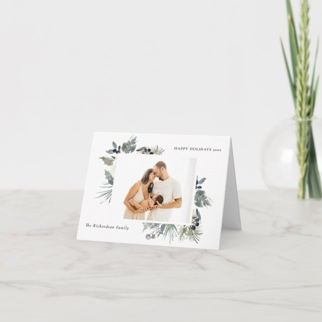 Tarjeta Festiva Navidades verdes blancos felices Foliage Happy (Anverso)