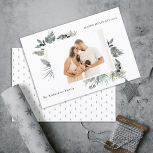 Tarjeta Festiva Navidades verdes blancos felices Foliage Happy