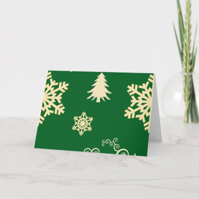 Tarjeta Festiva Navidades verdes con copos de nieve con crema (Anverso)