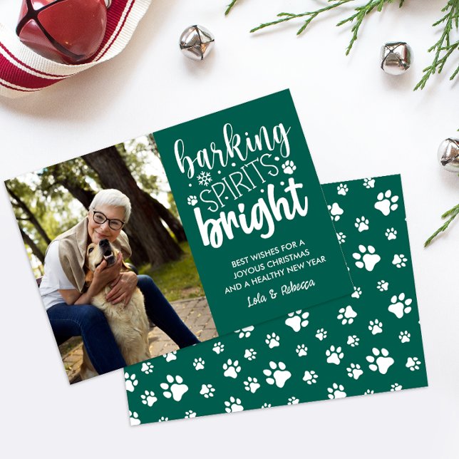 TARJETA FESTIVA NAVIDADES VERDES DE PERRO BARKING SPIRIT BRIGHT PA (PET LOVER SEND THIS FANTASTIC PHOTO CHRISTMAS CARD WITH PAW PRINTS BARKING SPIRIT BRIGHT DIGITAL )