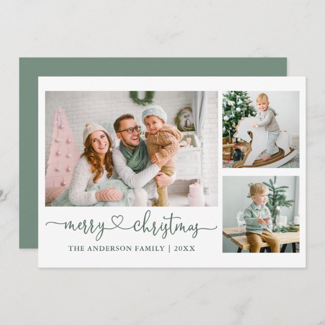 Tarjeta Festiva Navidades verdes del corazón de la caligrafía 3 Fo (Anverso / Reverso)