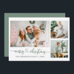 Tarjeta Festiva Navidades verdes del corazón de la caligrafía 3 Fo<br><div class="desc">Caligrafía moderna Corazón guión Merry Navidad 3 tarjeta de vacaciones de foto - Sage Green</div>