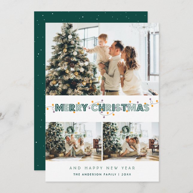 Tarjeta Festiva Navidades verdes iluminan la nieve 3 Collage de fo (Anverso / Reverso)