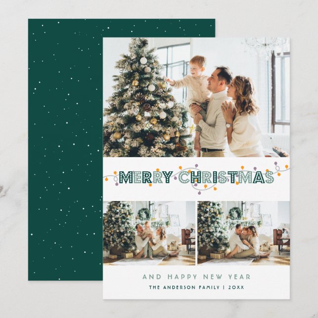 Tarjeta Festiva Navidades verdes iluminan la nieve 3 Collage de fo (Anverso / Reverso)