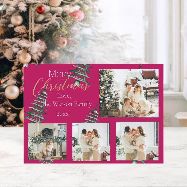 Tarjeta Festiva Navidades verdes rojos Pagoda Trees 5-Foto (Red Green Christmas Pagoda Trees 5-Photo Holiday Card)
