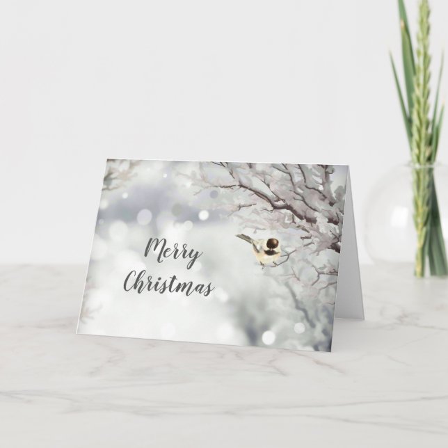 Tarjeta Festiva Navidades Verse Forest Snowflakes Chickadee Bird (Anverso)