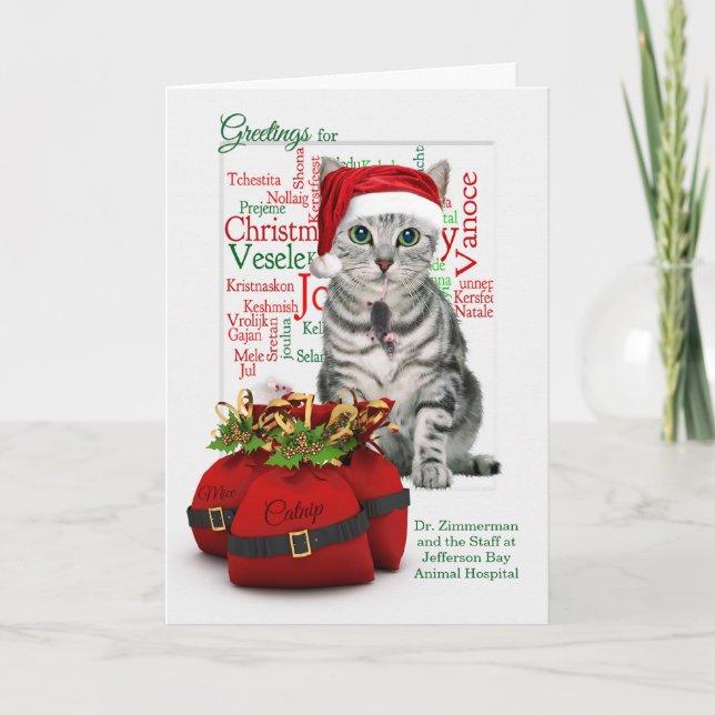 Tarjeta Festiva Navidades veterinarios personalizados Tabby Cat (Anverso)