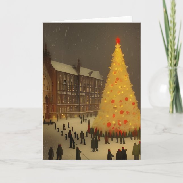 Tarjeta Festiva Navidades victorianos británicos con árbol de oro (Anverso)