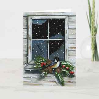 Tarjeta Festiva Navidades: Vieja ventana del granero: Ave, Nieve: