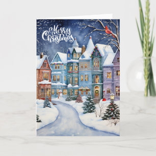Tarjeta Festiva Navidades Village Winter Pines y Cardinal Bird