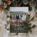 Tarjeta Festiva Navidades Vintage Happy Holidays Photo Vertical<br><div class="desc">Divertida y festiva tarjeta de fotos navideña con letra vintage con swirl que dice "fiestas felices" con estrellas alrededor. Añade tu foto familiar.</div>