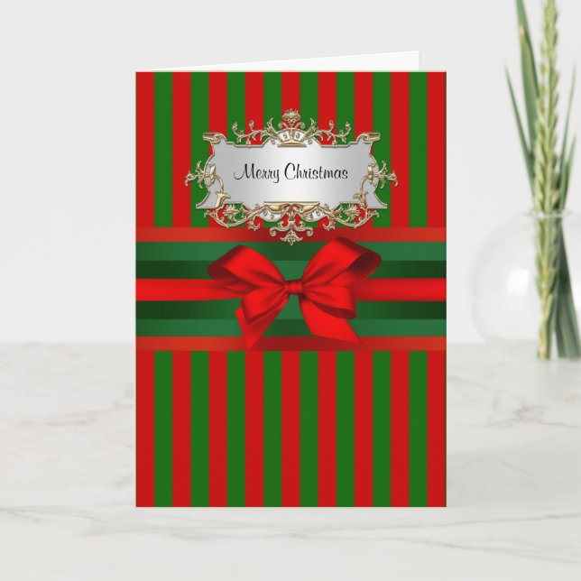 Tarjeta Festiva Navidades Vintage Red & Green Stripe Ribbon (Anverso)