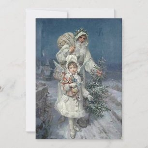 Tarjeta Festiva Navidades Vintage Santa y Angel en Blanco
