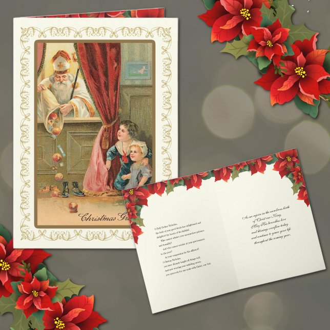 Tarjeta Festiva Navidades Vintage St. Nicholas Prayer Religious (St. Nicholas with Children Christmas Greeting card with prayer inside. )