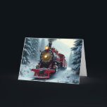 Tarjeta Festiva Navidades Vintage Winter Steam Locomotive<br><div class="desc">Una locomotora vintage de vapor se mueve a través de un paisaje de bosques nevados para Navidades. Se puede cambiar el texto interno.</div>