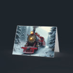 Tarjeta Festiva Navidades Vintage Winter Steam Locomotive<br><div class="desc">Una locomotora vintage de vapor se mueve a través de un paisaje de bosques nevados para Navidades. Se puede cambiar el texto interno.</div>