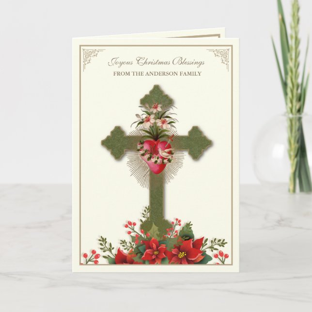 Tarjeta Festiva Navidades Virgen María Corazón Poinsettias (Anverso)