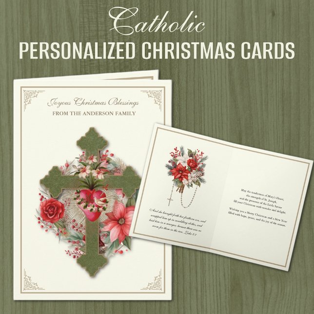 Tarjeta Festiva Navidades Virgen María Corazón Poinsettias (Catholic Personalized Christmas Cards with Poinsettias and Cross)