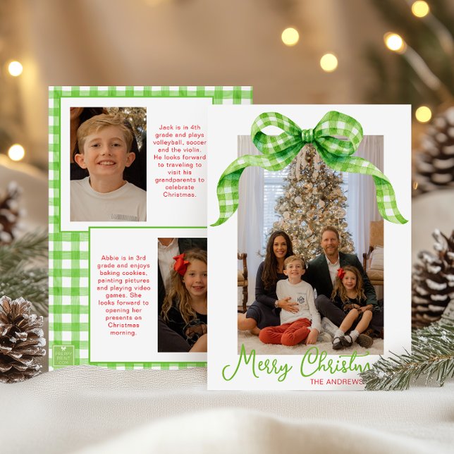 Tarjeta Festiva Navidades Watercolor Green Gingham Bow Foto (Subido por el creador)