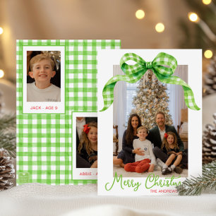 Tarjeta Festiva Navidades Watercolor Green Gingham Bow Foto
