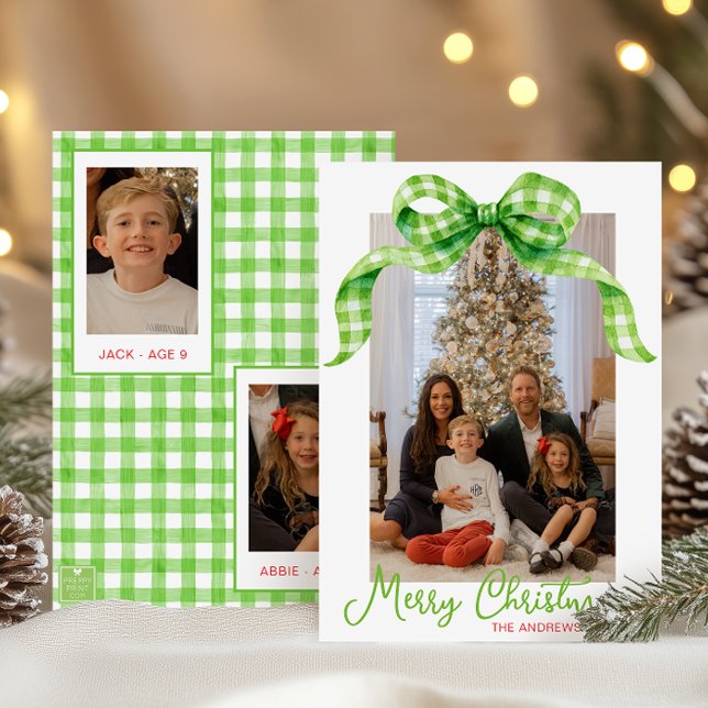 Tarjeta Festiva Navidades Watercolor Green Gingham Bow Foto (Subido por el creador)