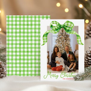 Tarjeta Festiva Navidades Watercolor Green Gingham Bow Foto