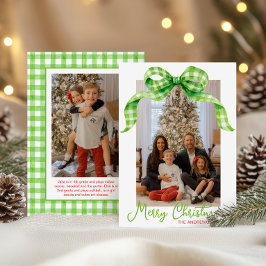 Tarjeta Festiva Navidades Watercolor Green Gingham Bow Foto