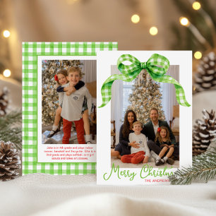 Tarjeta Festiva Navidades Watercolor Green Gingham Bow Foto