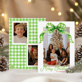 Tarjeta Festiva Navidades Watercolor Green Gingham Bow Foto