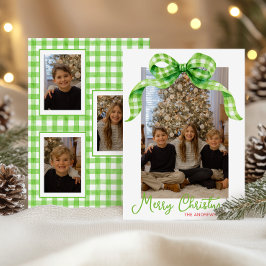 Tarjeta Festiva Navidades Watercolor Green Gingham Bow Foto
