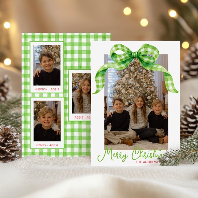 Tarjeta Festiva Navidades Watercolor Green Gingham Bow Foto (Subido por el creador)