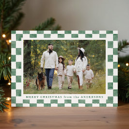 Tarjeta Festiva Navidades Watercolor Green y Cream Gingham Photo