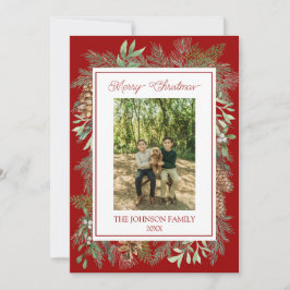 Tarjeta Festiva Navidades Watercolor Greenery Rojo Botánico